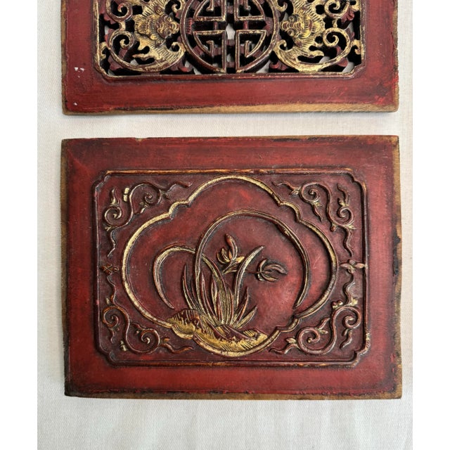Asian Teak Wood Carved Relief Red & Gold Plaques, Set of 4 For Sale In Houston - Image 6 of 10