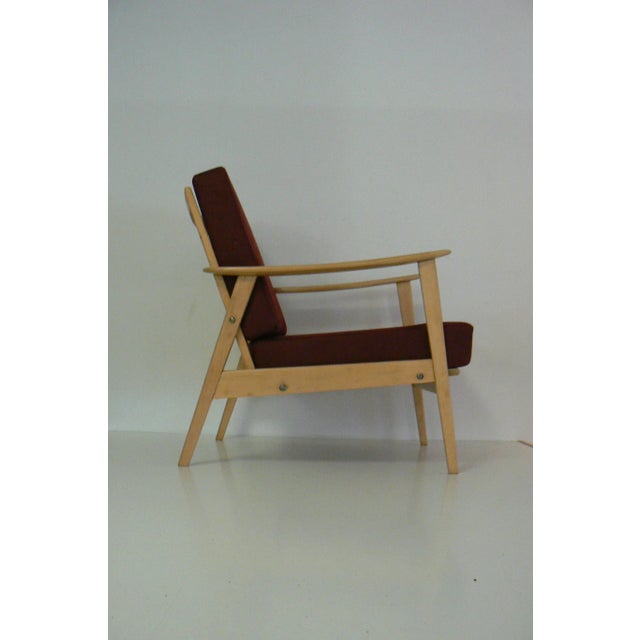 Mid-Century Modern Vintage Beech & Red Fabric Easy Chair For Sale - Image 3 of 13