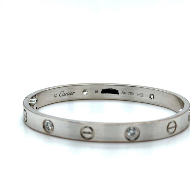 Contemporary Cartier, Love Bangle Bracelet 4 Diamond Classic Model 18k White Gold For Sale - Image 3 of 6