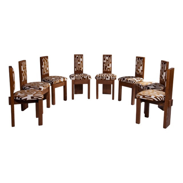 Vintage Brutalist Oak Dining Chairs, 1970s, Set of 8 For Sale