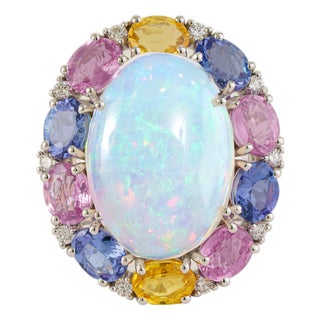 9.01ct Ethiopian Fire Opal, Multi-Sapphire and Diamond Antique 18k White Gold Ring Size 4 For Sale