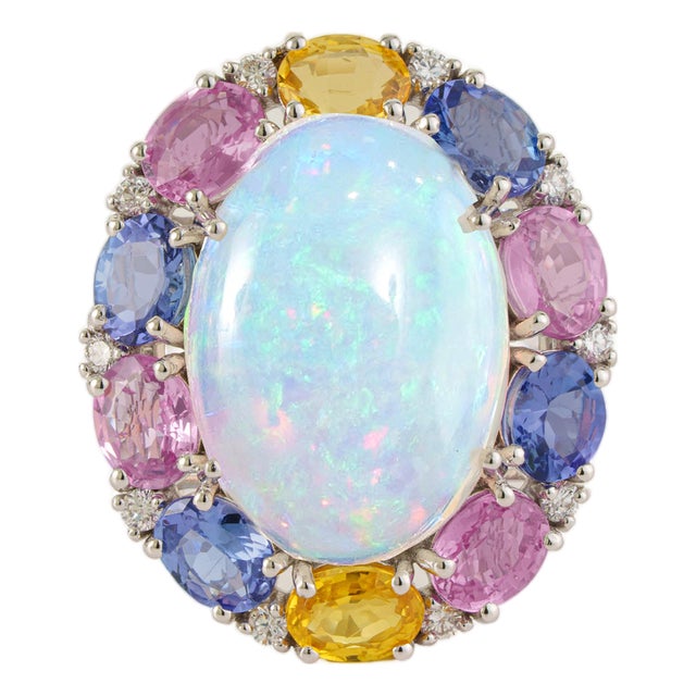 9.01ct Ethiopian Fire Opal, Multi-Sapphire and Diamond Antique 18k White Gold Ring Size 4 For Sale