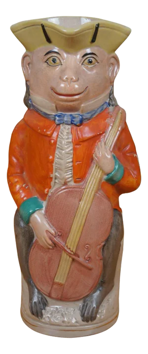 Antique Staffordshire Colonial Monkey Playing Cello Toby Pitcher Jug