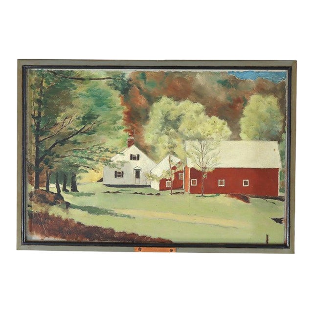 Antique Oil on Board Landscape Painting of a Vermont Farm C1930 For Sale