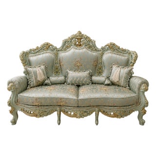 Sky Blue French Rococo Sofa – Ornate Gold Leaf Frame With Floral Damask Upholstery & 5 Decorative Pillows For Sale