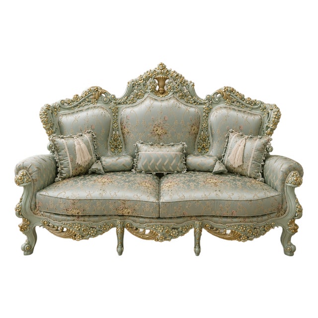 Sky Blue French Rococo Sofa – Ornate Gold Leaf Frame With Floral Damask Upholstery & 5 Decorative Pillows For Sale