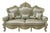 Sky Blue French Rococo Sofa – Ornate Gold Leaf Frame With Floral Damask Upholstery & 5 Decorative Pillows For Sale