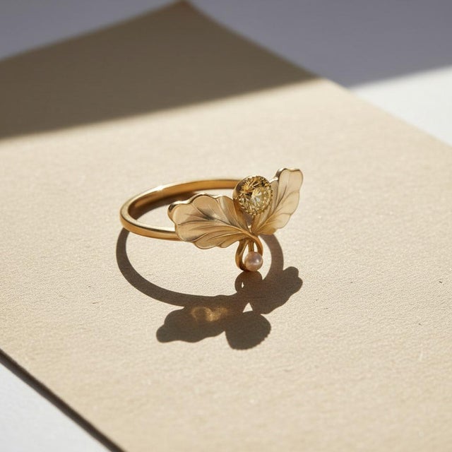 Art Nouveau–Inspired Citrine and Pearl Botanical Ring in 14k Gold, Size 7.5 For Sale - Image 4 of 7