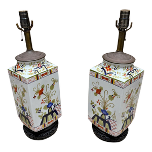 Pair Hand Painted Porcelain Chinese Lamps Kutani Revival Hollywood Regency