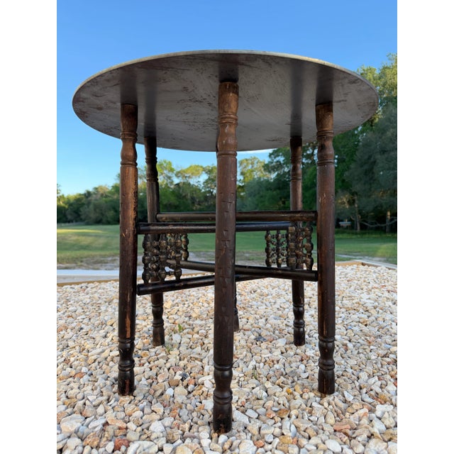 Wood Industrial Moroccan Side Table With Round Raw Steel Top + Weathered Folding Base For Sale - Image 7 of 16