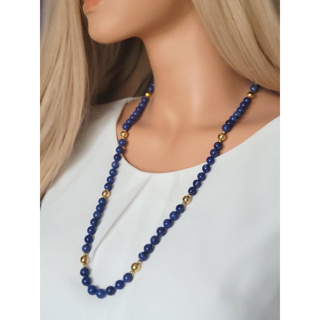 Vintage 30-Inch Sodalite and 14k Gold Beaded Necklace, Circa 1970s For Sale - Image 4 of 7