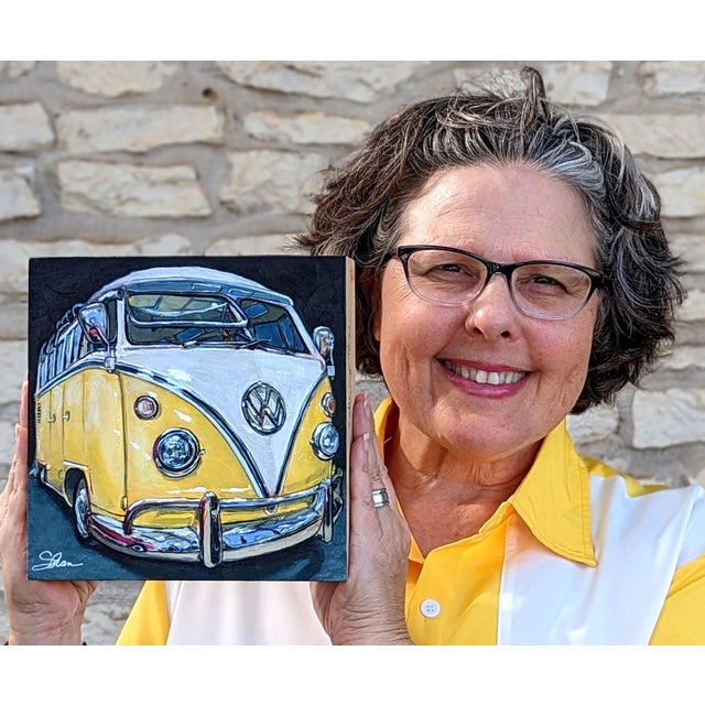This artwork features a vibrant depiction of a Volkswagen Type 2 Samba, rendered in bold acrylics on wooden cradle board....