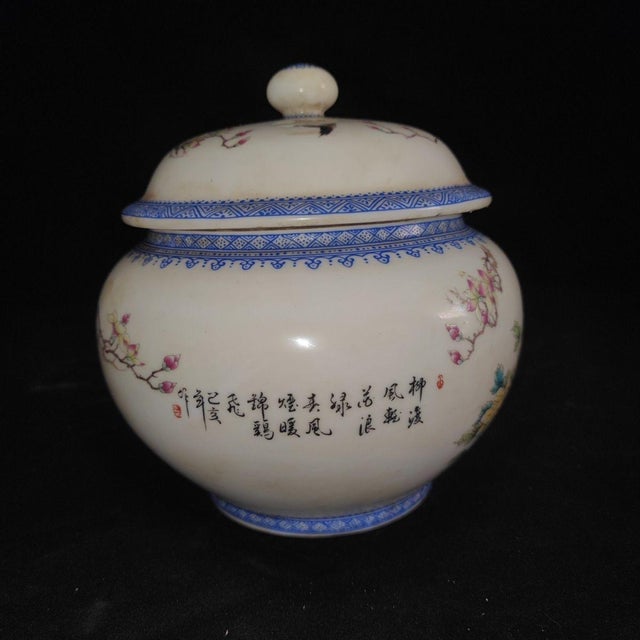 Ceramic Pair of Chinese Famille Rose Porcelain Covered Jars With Birds & Peony Motif For Sale - Image 7 of 9