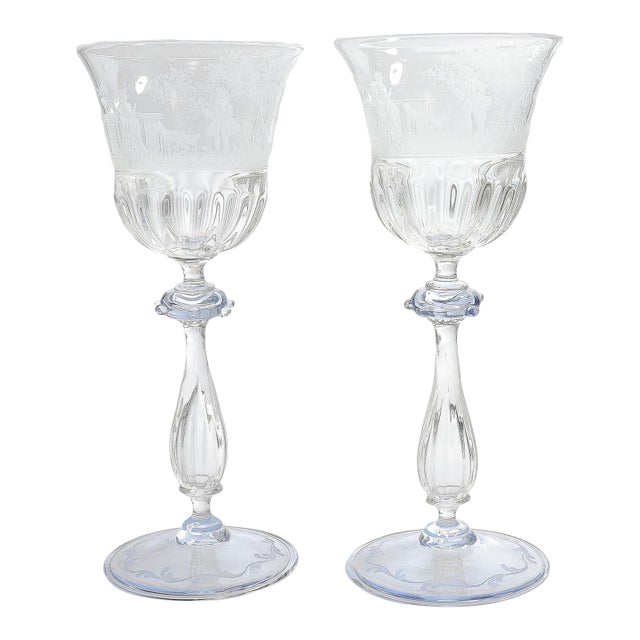 Pair of Salviati Engraved Venetian / Murano Glass Wine Goblets or Stems For Sale