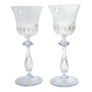 Pair of Salviati Engraved Venetian / Murano Glass Wine Goblets or Stems