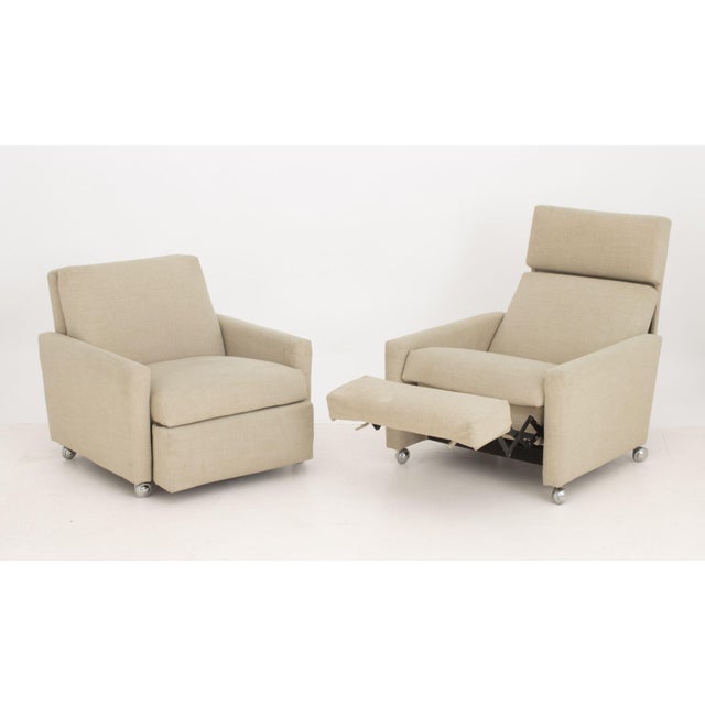 Pair of Modern Wool Upholstered Reclining Chairs, each atop chrome-plated casters. 29" H x 31" W x 32" D; seat: 16" H....
