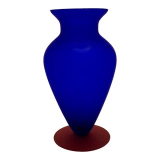 Cobalt Blue Satin Glass Vase With Orange Base - 9" Tall For Sale