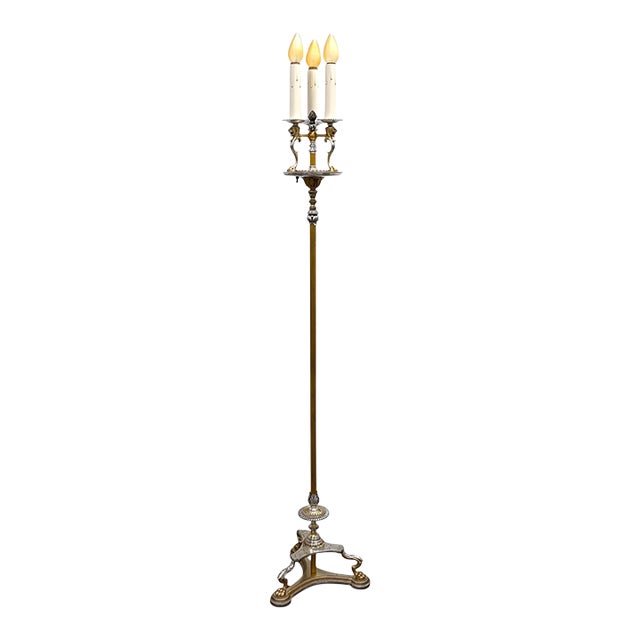 1910s Candleabra Floor Lamp With Lion Heads in Solid Cast Brass #2612 For Sale