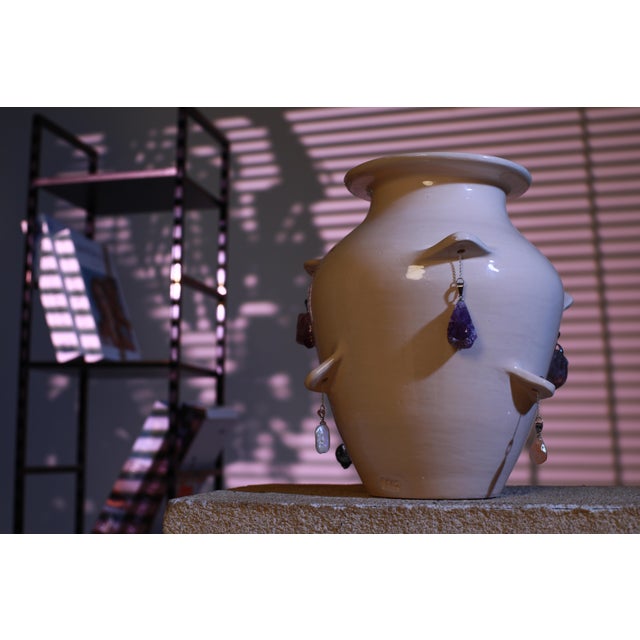 Ceramic Cream Ceramic, Sculptural Vase , Natural Hanging Stones , Handmade Clay , Wabi Sabi Decor For Sale - Image 7 of 7