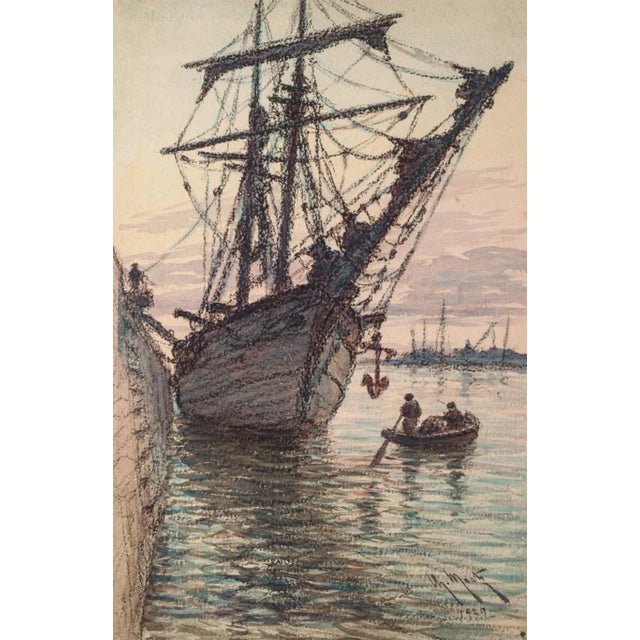 Sailing Ship in the Harbour is an original watercolor and pencil realized by a French artist of 20th Century (1929). The...