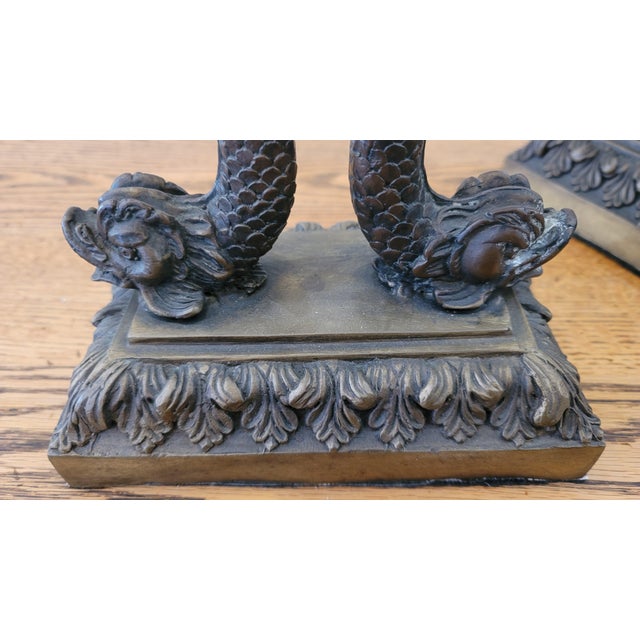 Antique Pair of Bronze Candelsticks F Souchal Paris Dolphins For Sale - Image 4 of 9