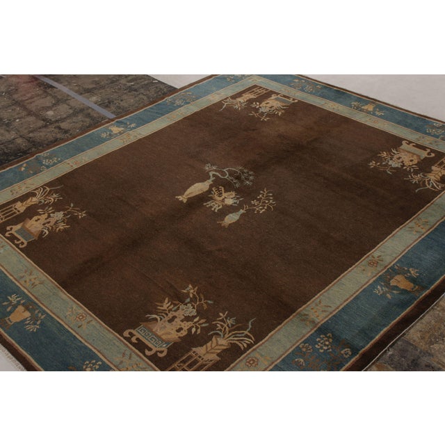 Art Deco Hand-Knotted Antique Peking Chinese Deco Rug in Blue, Brown Pictorial Pattern For Sale - Image 3 of 7
