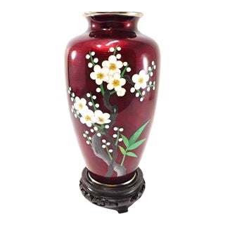 1940s Vintage Guilloche Enamel Vase Pigeon's Blood Red Cherry Blossoms With Stand - 2 Pieces For Sale