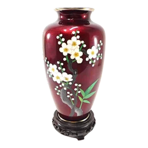 1940s Vintage Guilloche Enamel Vase Pigeon's Blood Red Cherry Blossoms With Stand - 2 Pieces