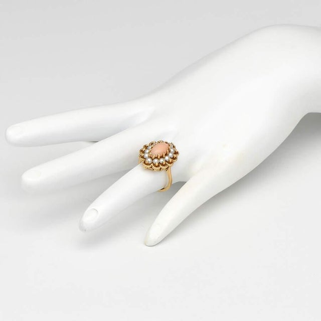 1980s 14KY Mid Century Modern Coral & Seed Pearl Ring, size 4 For Sale - Image 5 of 5