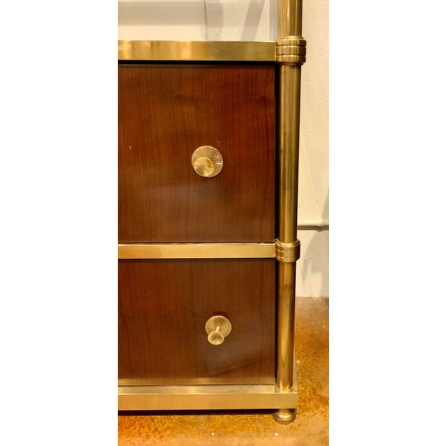 Original Retail $16,497, stylish Laura Kirar for Baker Modern Brass and Wood Etagere, four glass shelves, two drawers,...