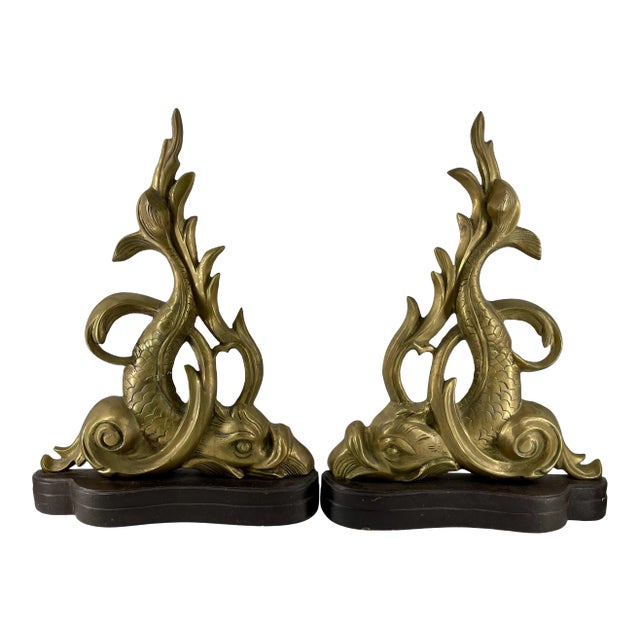 Vintage Brass Dolphin Andirons - a Pair For Sale