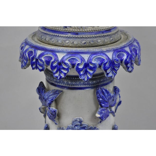 Antique German Westerwald Salt Glaze Stoneware Cobalt Blue Jardiniere & Pedestal For Sale - Image 10 of 18