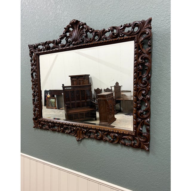 Antique French Mirror Framed Beveled Large Rectangular Oak Renaissance C. 1900 For Sale - Image 16 of 17