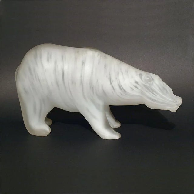 Walter Furlan, Salviati & C., ''Polar Bear'', solid glass sculpture, and white striped satin, h 16 cm x 30, Circa 1970,...