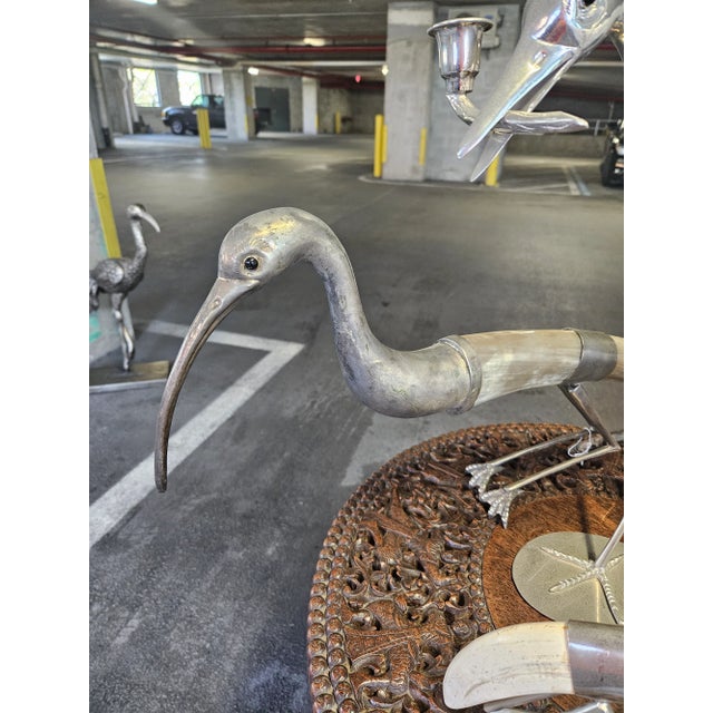 Metal 1970s Horn and Silverplate Egret Birds- Set of 4 For Sale - Image 7 of 10