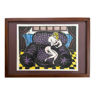 Vintage Woodblock Print "Love Seat" Artist Proof For Sale