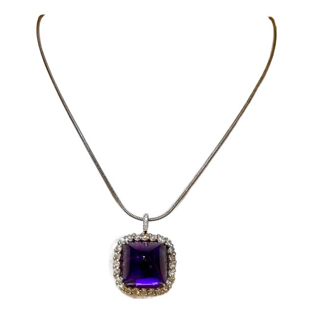 15 Ct Sugar Loaf Amethyst & Diamonds Pendent Necklace 18 Karat White Gold Chain For Sale