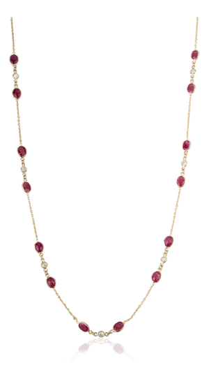 3.95ct Pure Red Ruby Vintage Station Chain Necklace With Diamonds in 14k Yellow Gold