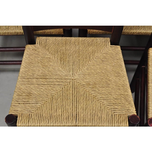 Wood Late 20th Century Primitive Rustic Ladder Back Woven Rush Seat Dining Side Chairs - Set of 6 For Sale - Image 7 of 14