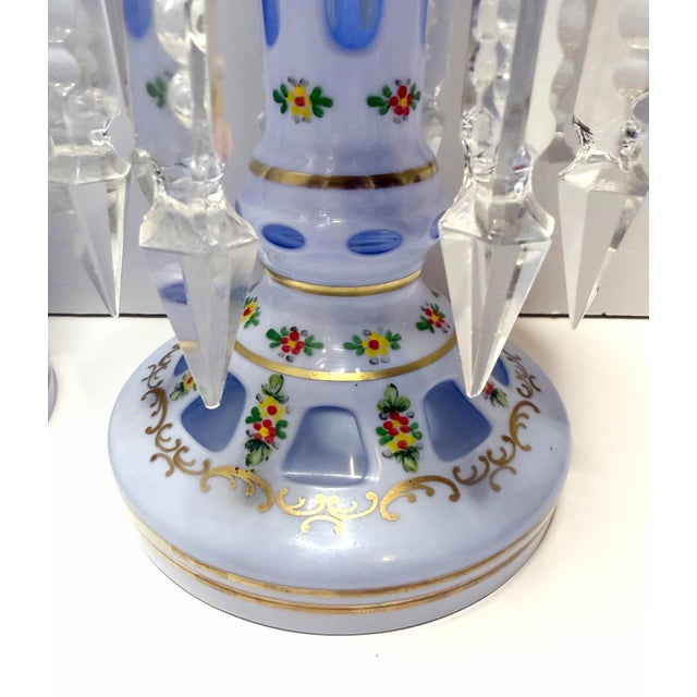 Antique Bohemian Czech Victorian Blue Opaline Glass Enamel Floral Lusters Pair For Sale - Image 6 of 12