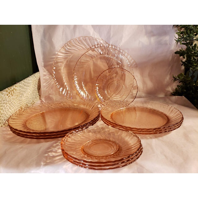 Arcoroc France Pink Glass Plates Swirl 12 Piece Set Chairish