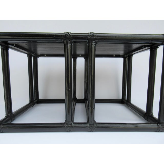 C.1970's McGuire for Baker Furniture Co. Leather-Strapped Rectangular-Shaped Ebony Wood & Rattan Coffee Table For Sale - Image 14 of 18