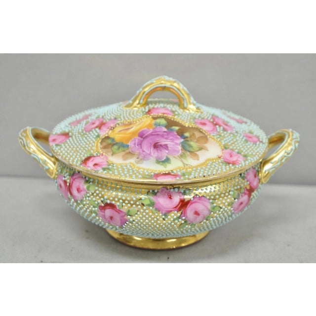 Victorian Antique Nippon Hand Painted Gold Gilt Porcelain Green Moriage Covered Sugar Bowl For Sale - Image 3 of 16