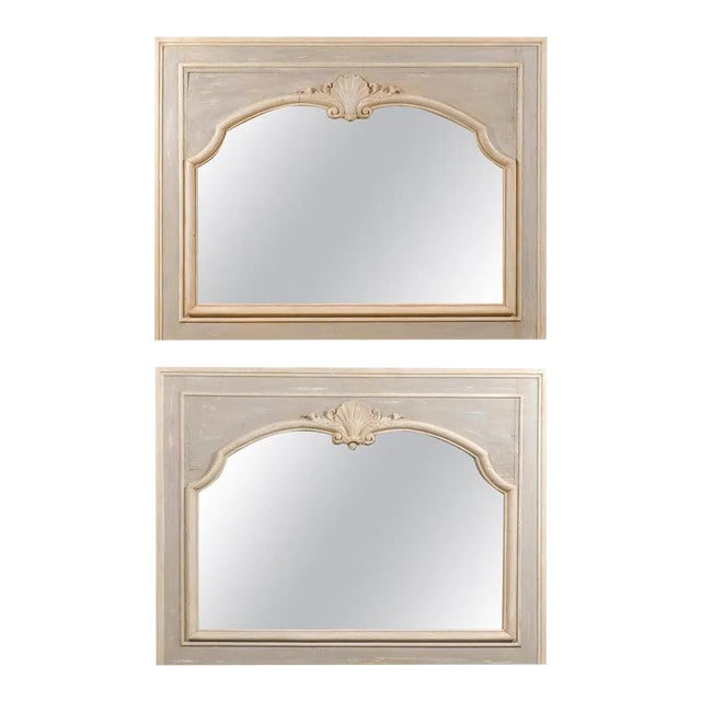 1890s French Louis XV Style Painted Wood Horizontal Shell-Carved Mirrors - A Pair For Sale