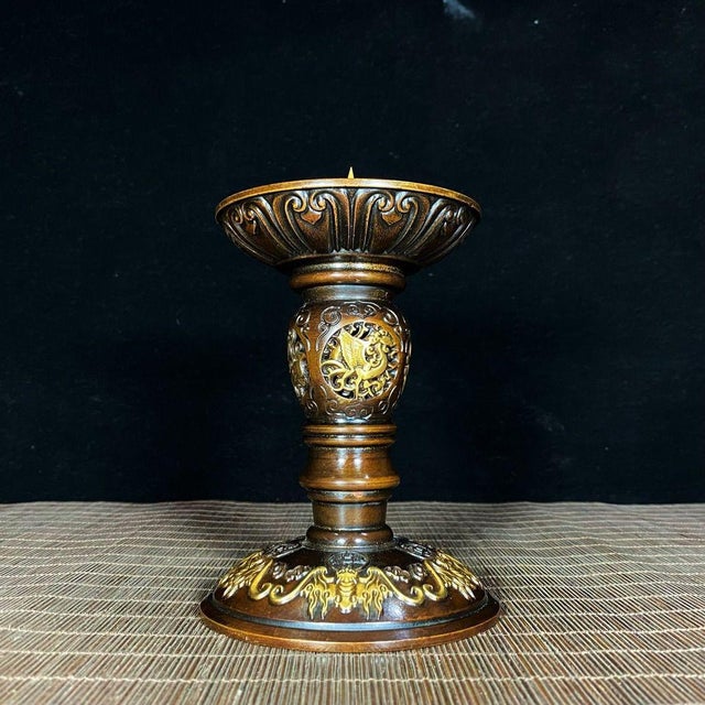 Pair of Vintage Gilded Bronze Candlesticks, Four Divine Beasts Openwork Relief For Sale - Image 9 of 9