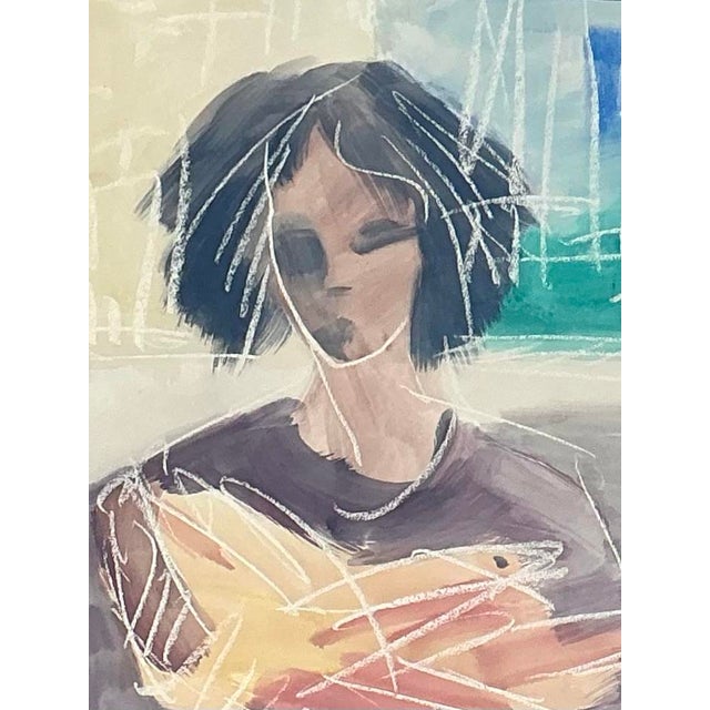 Wood Vintage Mixed Media Portrait on Paper For Sale - Image 7 of 12