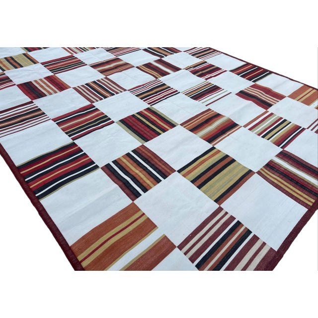 Textile Handwoven Cotton Area Rug, Vegetable Dyed Cream and Red Tile Patterned Dhurrie - 10'x14' For Sale - Image 7 of 10