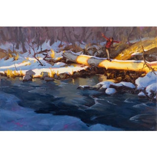 Reflection Point by Judd Mercer | Oil on Wood Panel Person walking on a log over a stream in winter. For Sale