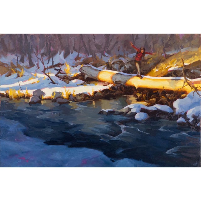 Reflection Point by Judd Mercer | Oil on Wood Panel Person walking on a log over a stream in winter. For Sale
