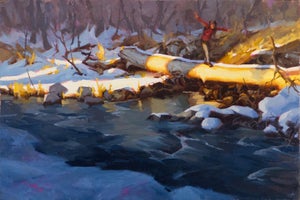 Reflection Point by Judd Mercer | Oil on Wood Panel Person walking on a log over a stream in winter.